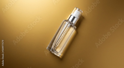 Bottle with fluid collagen on golden background. Concept of modern beauty. Flat lay style. photo