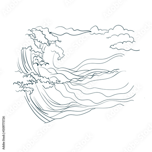 tsunami ocean sea wave japanese landscape simple vector art line 