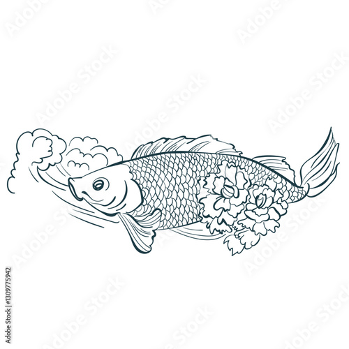 carp koi fish chrysanthemums vector line art