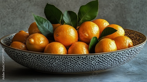 Bright Yellow Lemons in Decorative Bowl With Green Leaves on a Neutral Backgr...