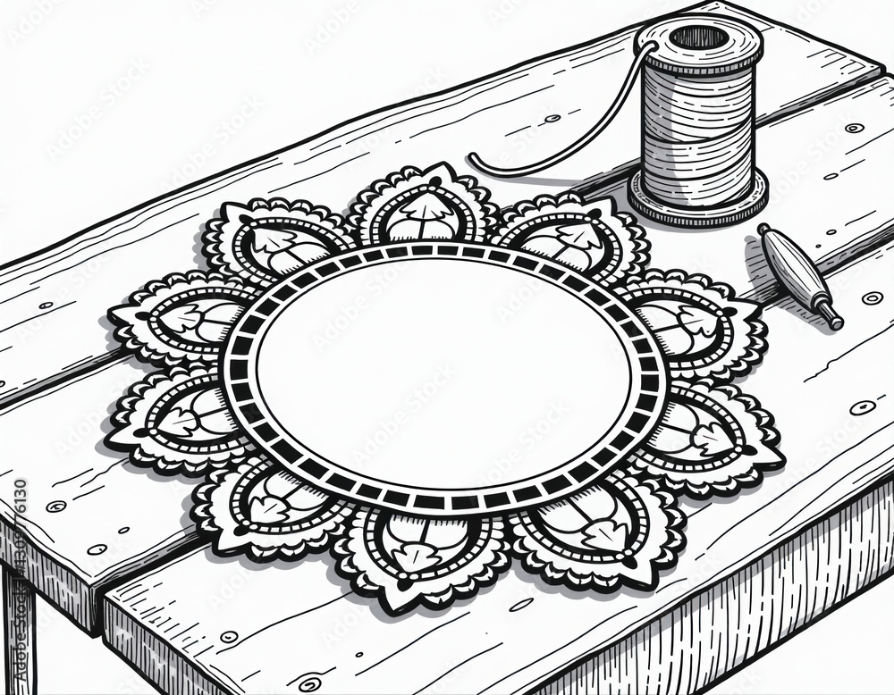 Obraz premium Ornate Lace Doily with Thread and Bobbin on Wooden Table