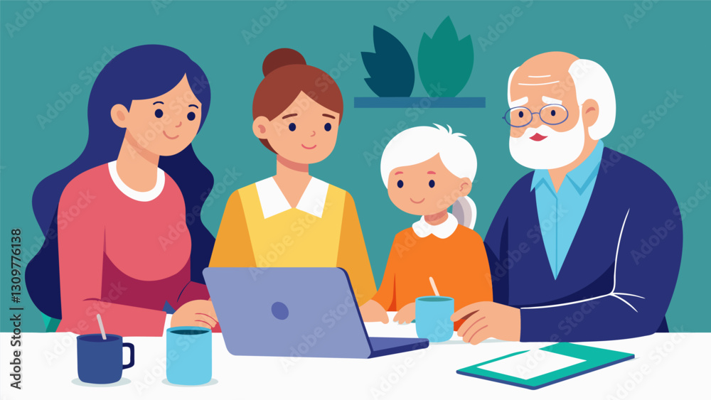 Three generations of family members sitting around the table with the eldest member sharing their wisdom on managing finances.. Vector illustration Three generations of family members sitting around the table with the eldest member sharing their wisdom on managing finances.. Vector illustration