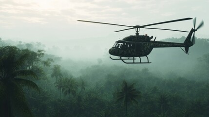 Leinwandbilder Khaki Military Helicopter Over Misty Jungle  © Lesuna