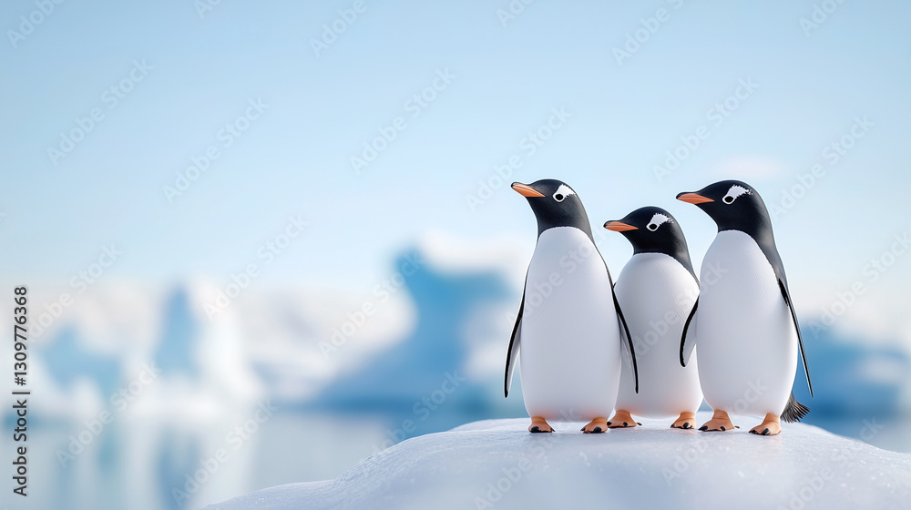 Naklejka premium three penguins standing together on a snow-covered surface, with icebergs and a clear sky in the background. The penguins are black and white with orange beaks. They are grouped closely together