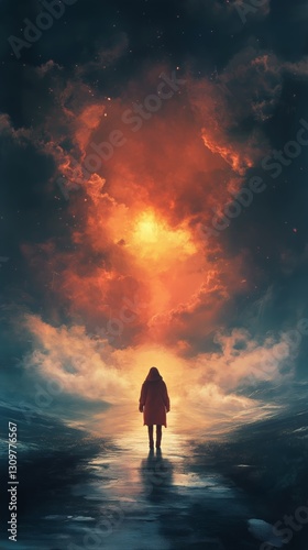 Woman Standing Against a Dramatic Sunset at the Beach With Swirling Clouds an...