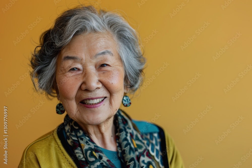 Portrait of a smiling asian woman in her 80s smiling at the camera over pastel yellow background Portrait of a smiling asian woman in her 80s smiling at the camera over pastel yellow background