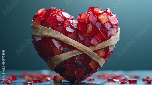 A red heart shattered and held together by bandages suspended over a gradient background