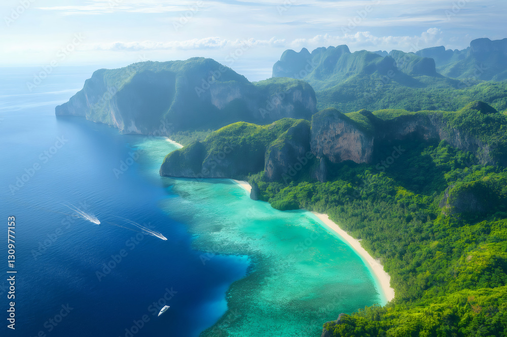 Fototapeta premium Breathtaking aerial view of a tropical paradise featuring crystal clear lagoons, lush vegetation, and boats navigating the turquoise waters