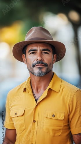 Young Man Wearing a Yellow Shirt and Tan Hat Smiles Against a Coastal Backdro...