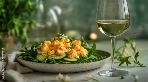 Fresh Salad With Soft Boiled Egg and White Wine in a Modern Cafe Setting Duri...