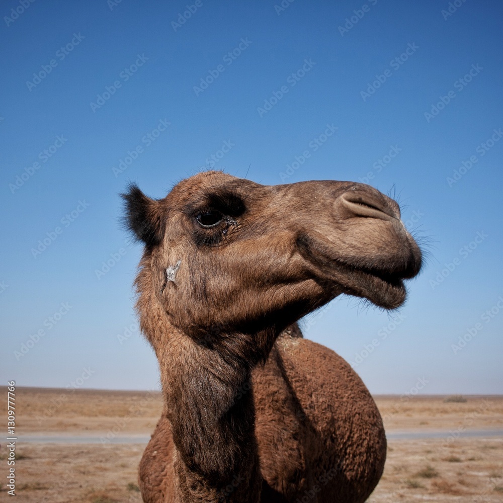 Fototapeta premium The face of a tamed camel in the desert