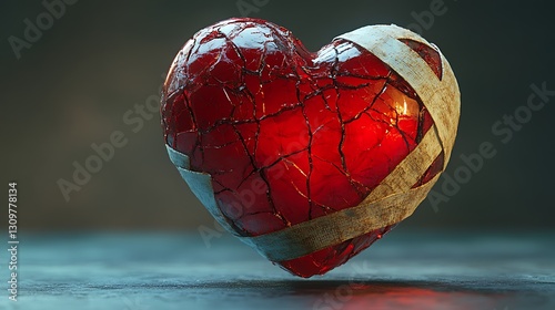 A cracked red heart held by bandages floating softly over a subtle gradient background
