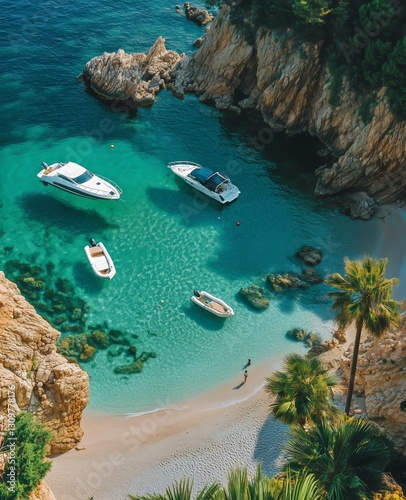 Sunny Beach With Clear Turquoise Waters and Anchored Boats Along the Shore in...
