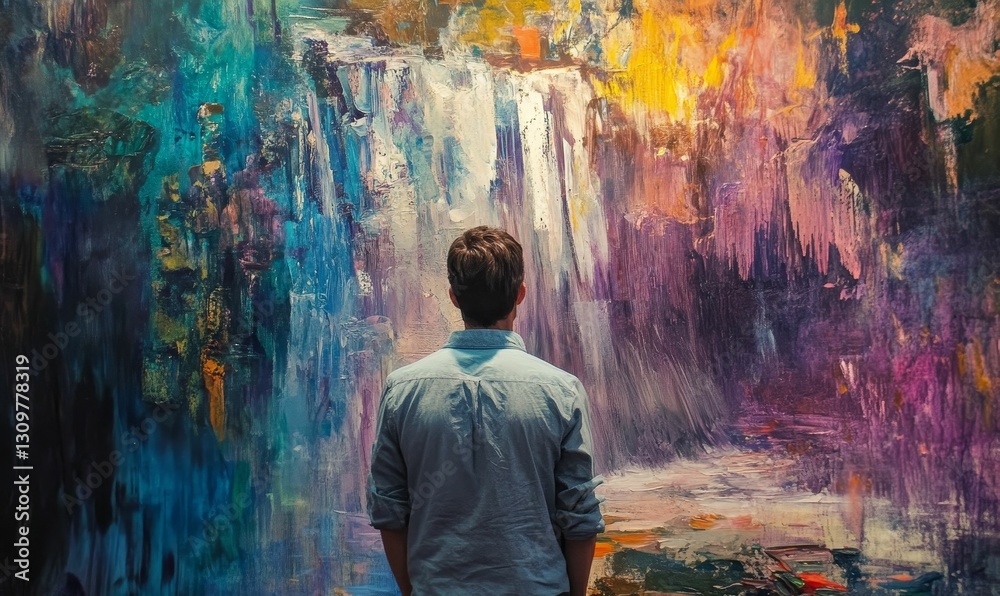 Obraz premium Man admiring colorful waterfall abstract painting.