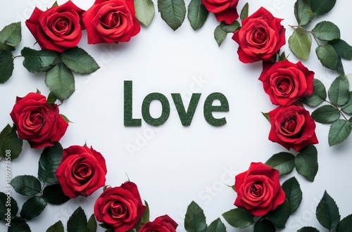 A bouquet of red roses with the word LOVE. Valentines Day Concept.