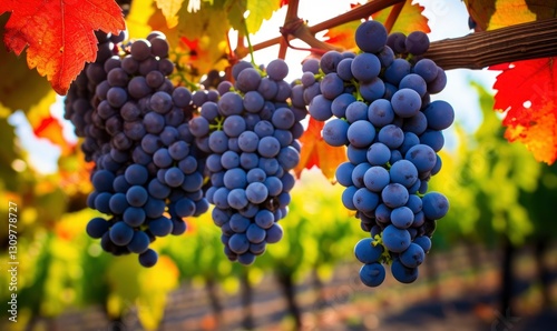 A close-up shot of dark blue grapes hanging from the vine, with vibrant red and orange leaves in autumn.