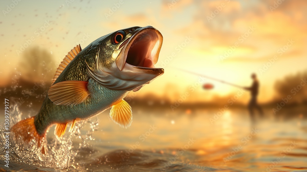 Aquatic Acrobatic: A vibrant illustration captures the moment a bass leaps from the water, mouth agape, as a silhouette of an angler casts a line into the setting sun.
