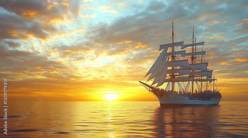 Obraz premium Tall Ship Sailing at Sunset on the Open Ocean