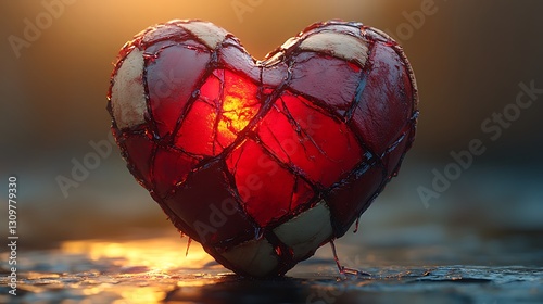 A red heart torn apart and patched by bandages floating over a warm gradient background