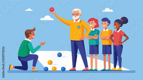 A coach giving pointers to their bocce team highlighting different strategies and techniques to use during the game.. Vector illustration