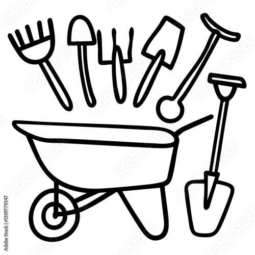 sustainability Agrotourism doodle line art. a wheelbarrow clipart  gardening equipment