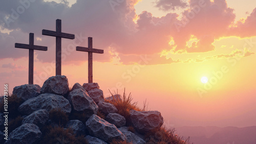 Breathtaking Watercolor Sunrise Over Golgotha: Three Crosses at Calvary for Religious Publications & Easter Marketing