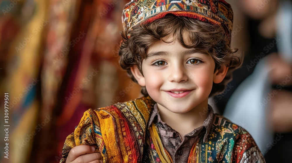 Fototapeta premium Young Boy in Traditional Colorful Attire with Bright Smile
