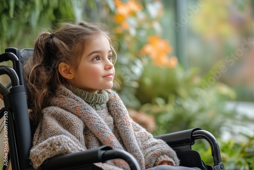 Young Girl With Curly Hair Gazing Thoughtfully Outdoors in a Lush Garden Setting