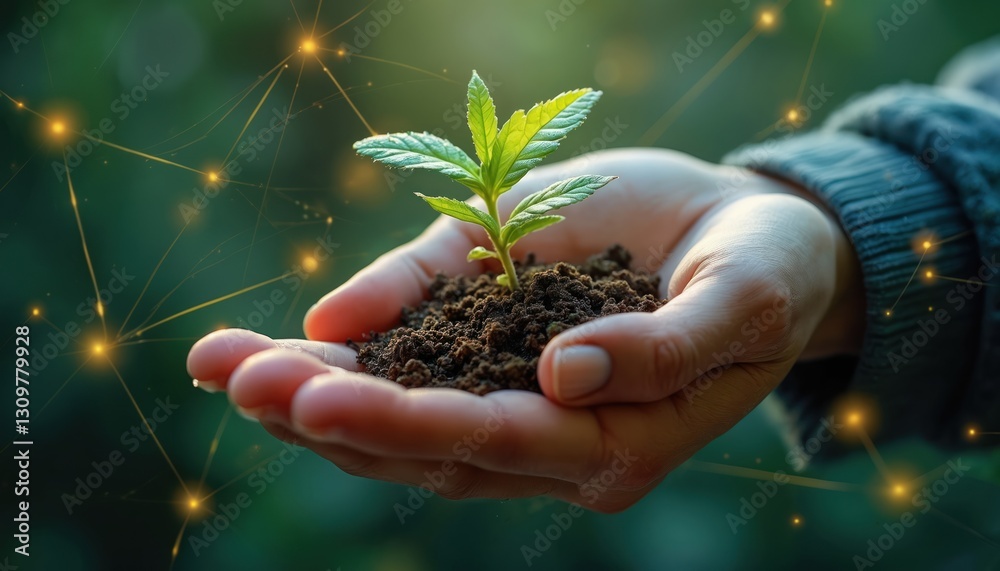 Fototapeta premium Digital human hand cradles plant in palm, blends tech with nature. Green growth symbolizes connection, nurture, harmony. Innovation for future environment, sustainability, touch, responsibility, care.