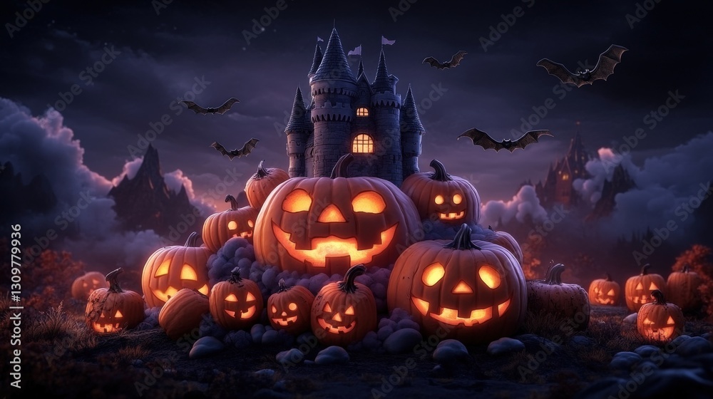 Enchanted castle surrounded by vibrant pumpkins and eerie bats creating a spooky halloween atmosphere Enchanted castle surrounded by vibrant pumpkins and eerie bats creating a spooky halloween atmosphere