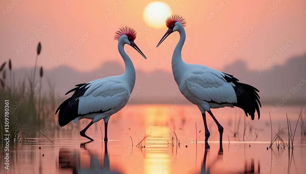 Fototapeta premium two birds standing in a lake at sunset