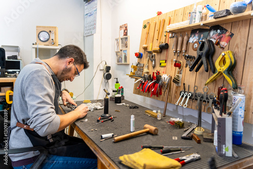 Fotografía Instrument repairman working on wind instrument in workshop