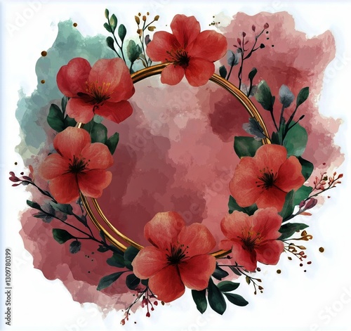 Floral Wreath With Pink Blossoms and Green Leaves on a Watercolor Background