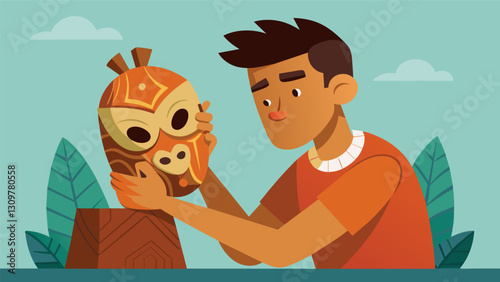 A young man carefully carves a wooden mask representing his tribes ancestral spirits and honoring their ancient traditions as a way to heal and stay. Vector illustration