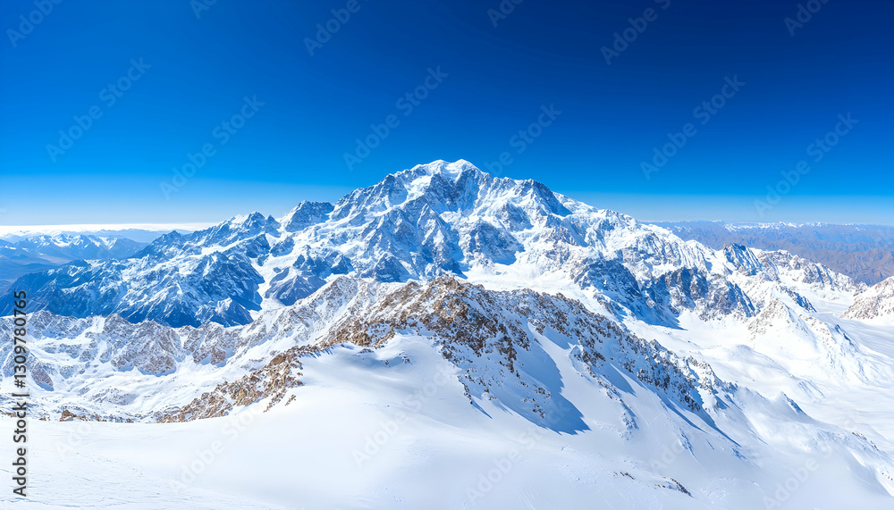 Obraz premium Majestic snow-capped mountain peak under a vibrant blue sky.