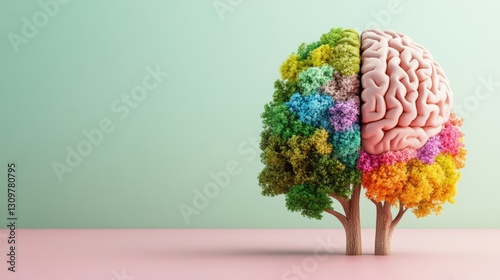An artistic concept of a brain with a lush green tree growing in the center symbolizing growth and mental clarity