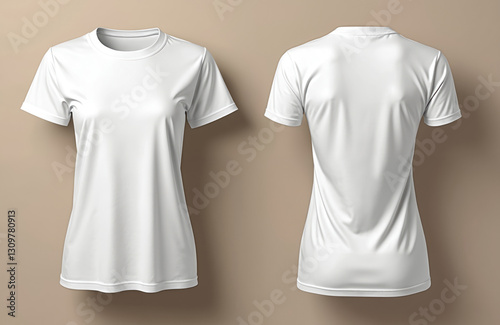 White blank basic t-shirt for female. Front, back view of cotton textile clothing. Apparel template for sport, casual attire, uniform. Lady garment with short sleeve, regular design. Great for