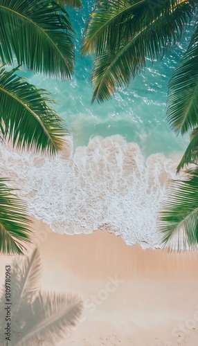 Waves Gently Lapping the Shore Beneath Palm Fronds on a Tropical Beach During...