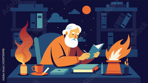 The stoics study is filled with the comforting sound of crackling embers as he pensively writes in his journal.. Vector illustration
