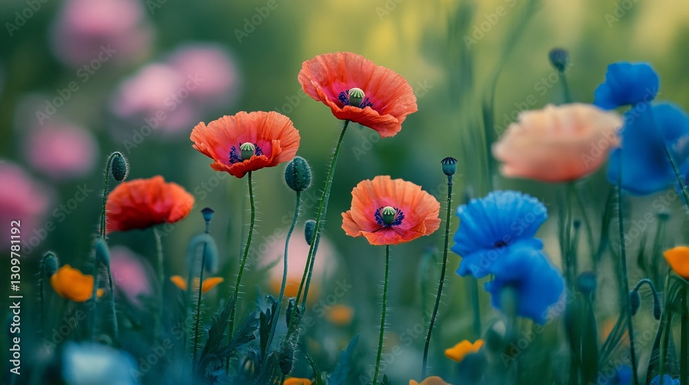 Fototapeta premium Vivid poppies and Bachelor Buttons