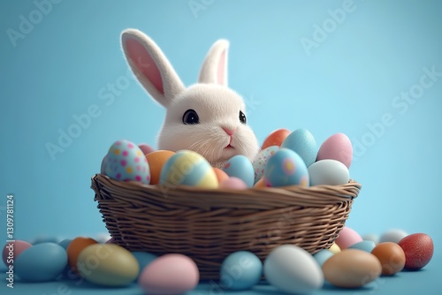 Adorable white Easter bunny peeking from a wicker basket filled with colorful Easter eggs on a light blue background. Festive holiday scene. photo