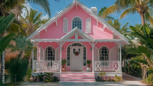 Bright Pink Villa With Tropical Landscaping Near Swimming Pool on Sunny Day
