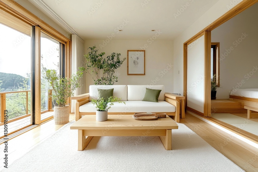 Modern minimalist living room with large windows, showcasing a light and airy space, featuring natural wood furnishings and potted plants. Modern minimalist living room with large windows, showcasing a light and airy space, featuring natural wood furnishings and potted plants.