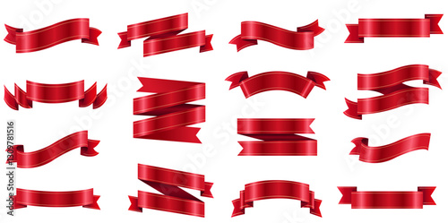 Red Ribbons Set Isolated White Background