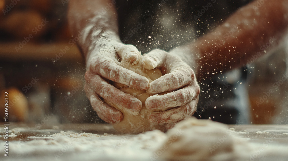 Artisan at Work: Hands kneading dough on a wooden table, dusted with flour, capturing the essence of traditional baking. Artisan at Work: Hands kneading dough on a wooden table, dusted with flour, capturing the essence of traditional baking.