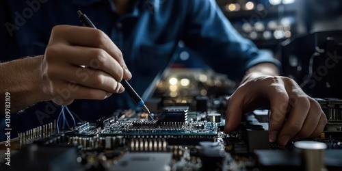 A technician is repairing electronic equipment in a workshop.