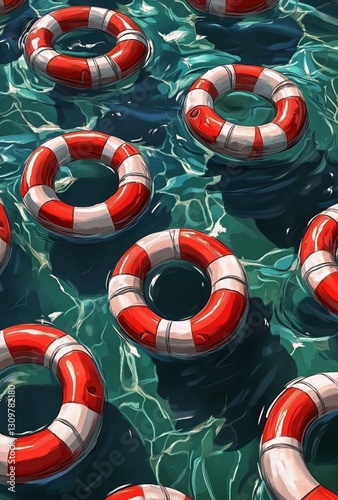 Lifebuoys Floating in a Tranquil Swimming Pool During a Sunny Day in Summer