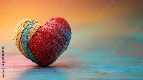 A torn red heart repaired with multiple bandages floating softly over a pastel gradient background