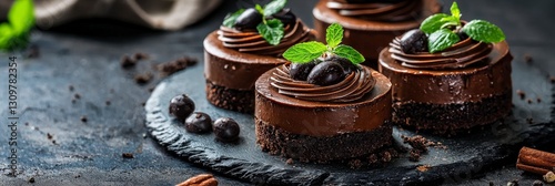 Luxurious chocolate desserts with mint leaf garnish.