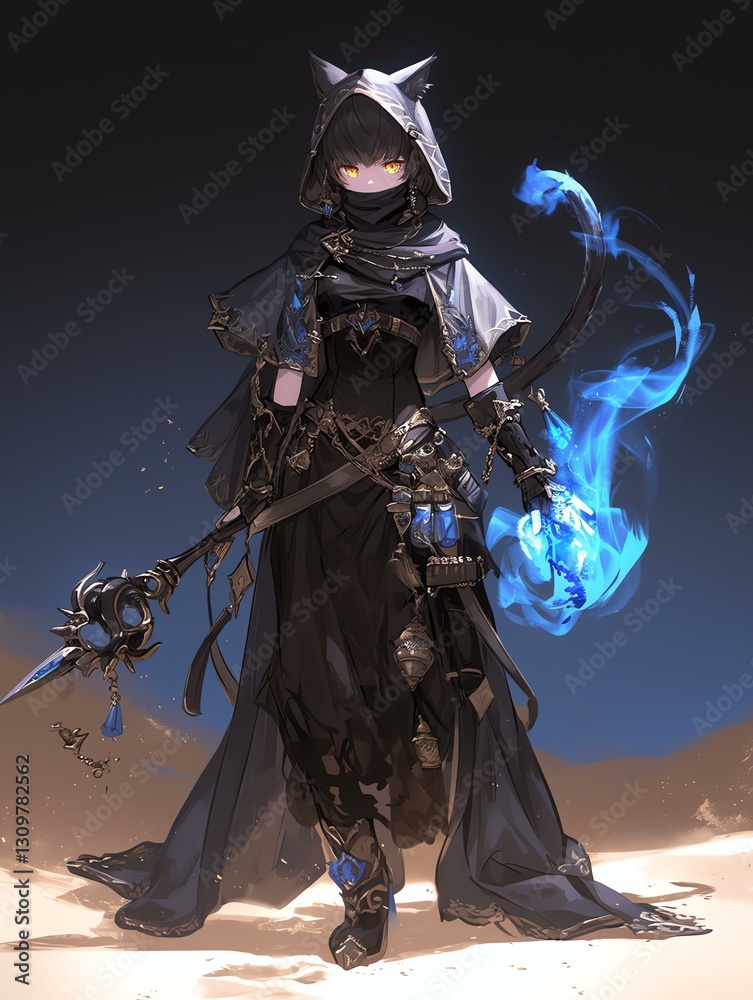 Naklejka premium Hooded Anime Wizard with Blue Fire Staff